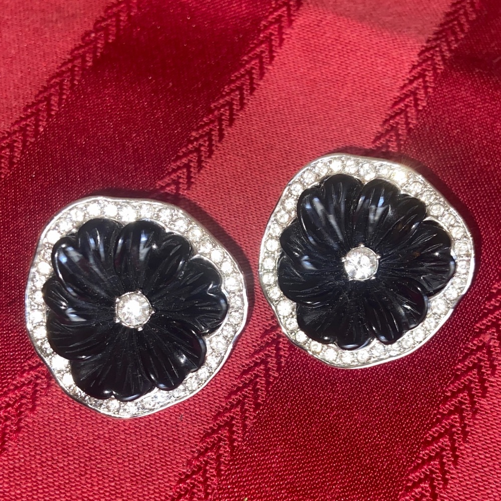 Vintage KENNETH J LANE Black Pansy & Rhinestoned POST Earrings